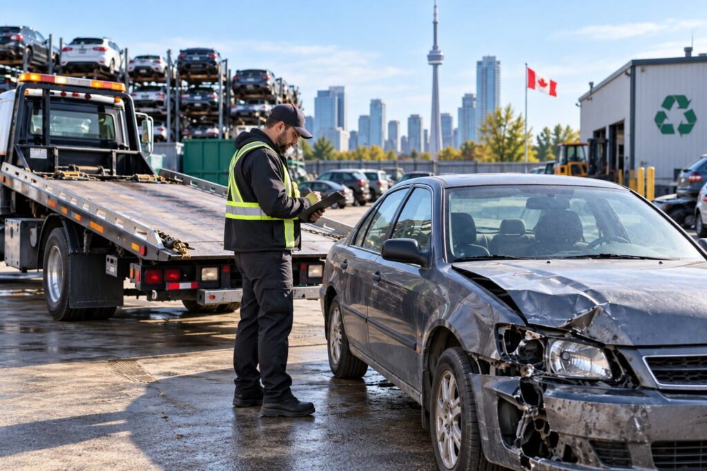 Professional scrap car buyer inspecting an old vehicle in Toronto