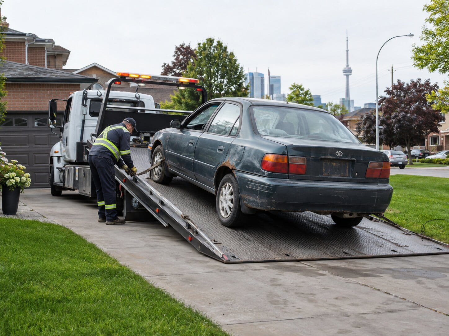 Tow truck removing an unwanted scrap car from a residential driveway